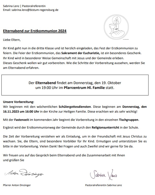 Elternabend für Kommunion 2024